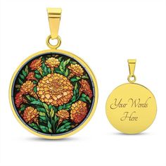 Embrace the beauty of October with our Marigold Necklace. Personalized with a stunning Marigold pendant in 18K gold, it's a perfect birth flower gift for birthdays and weddings, and a graceful accessory for bridesmaids to cherish. ➜ Our patent-pending jewelry is made of high quality surgical steel with a graphic image that's printed directly onto the steel surface with a shatterproof liquid glass coating and includes an 18k gold finish option. There are no Gems in this product. ➜ Our jewelry is Gold Birth Flower Jewelry For Memorial, Gold Jewelry With Birth Flower For Memorial, Memorial Gold Jewelry With Birth Flower, Personalized Flower Shape Gold Jewelry, Gold Flower Locket Jewelry, Gold Flower-shaped Locket Jewelry, Gold Flower Shaped Locket Jewelry, Personalized Gold Jewelry With Pressed Flowers, Personalized Yellow Gold Flower Necklace