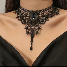 Black Lace Necklace, Black Lace Choker Necklace, Black Lace Choker, Lace Choker Necklace, Lace Choker, 1920s Flapper Dress, Collar Chain, Lace Necklace, Vintage Punk