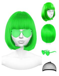 PRICES MAY VARY. ❤️【Featured Colorful Wigs】 you will receive 1 X bob wig + 1 X party glasses in different colors, enough to meet your various needs. These wigs with bangs would make you more eye-catching, we can hardly think of a more Instagrammable moment, wear it on and make a nice pose, share your good times with friends now! ❤️【Premium Material】 each colored wig is built around a lightweight and breathable netted cap, no shedding, tangling and odor. Each bachelorette wig is made of great pol Bachelorette Party Wigs, Neon Green Wig, Green Bob Wig, Fun Wigs, Green Bob, Green Wigs, Colorful Wigs, Rainbow Wig, Party Wigs