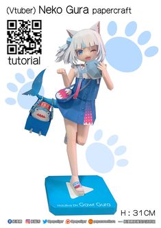 an anime character is standing on top of a blue box and holding a paper bag