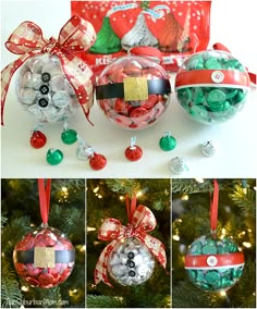 christmas ornament ornaments with ribbons and bows hanging from the top, on a tree