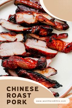 chinese roast pork on a white plate with text overlay