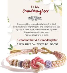 PRICES MAY VARY. 【Granddaughter Bracelet】- This Granddaughter Bracelet for Women features a pink peach blossom knot design that adds a touch of elegance and charm to any outfit. 【Thoughtful gift】- This trendy handmade braided charms bracelet makes for a perfect holiday jewelry gift for your beloved granddaughter. 【Comfortable to wear】- The braided construction and adjustable clasp ensure a secure and comfortable fit.Your granddaughter will love wearing this bracelet and showing it off to her friends. 【Versatile accessory】- Whether she's heading to school, birthday, holiday event, or any special occasion,this bracelet will add a touch of style and sophistication to her look. 【Durable and cute】- The sturdy construction and durable materials ensure that it can withstand everyday wear and tear Granddaughter Jewelry, Christmas Jewelry Gift, Gift For Granddaughter, Bracelet Trendy, Trendy Bracelet, School Birthday, Charms Bracelets, Trendy Bracelets, Peach Blossom