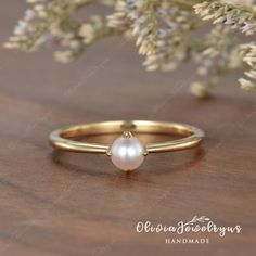 4mm Akoya Pearl Engagement Ring Yellow Gold Plain Band Women Ring Mini Pearl Art Deco Simple Ring Anniversary Ring Bridal Women Promise Gift ▶ Ring Details: ※Metal: Silver or 14K Solid Gold (Rose, White, or Yellow) ※Center Stone: Akoya Pearl, 4mm ※Band Width: approximately 1.5mm ▶Tips: ※accept return and exchange for normal orders. All returns are now eligible for a full refund! ※ Ring Size: All ring sizes are available, please contact me ※Material: As for material options - 14KW means 14k White Handmade Rose Gold Stackable Rings For Wedding, Gold Solitaire Jewelry In Sterling Silver, 14k Gold Solitaire Wedding Jewelry, Fine Jewelry Stackable Pearl Promise Ring, Fine Jewelry Stackable Round Pearl Ring, Delicate Stackable Wedding Jewelry, Fine Jewelry Stackable Pearl Ring, Stackable Round Pearl Ring In Fine Jewelry Style, Adjustable Gold Solitaire Jewelry