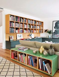 a living room filled with lots of books on top of a green shelf next to a couch