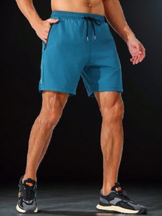 Men's Drawstring Waist Sports Shorts With Zipper Pockets Gym Shorts Teal Blue    Fabric Letter,Plain  Non-Stretch  Men Activewear, size features are:Bust: ,Length: ,Sleeve Length: Men Activewear, Fabric Letters, Estilo Hip Hop, Outdoor Men, Gym Shorts, Mens Activewear, Sport Shorts, Blue Fabric, Teal Blue