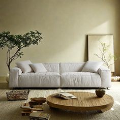 a living room filled with furniture and a potted tree in the middle of the room