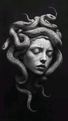 a woman's head with a snake wrapped around her neck and eyes closed to the side