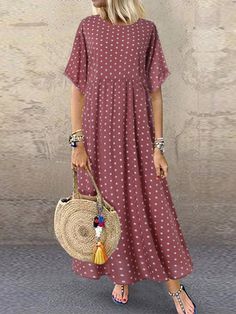 Sundress Casual, Polka Dot Maxi Dresses, Street Dress, Short Sleeve Maxi Dresses, Half Sleeve Dresses, Maxi Robes, Oversized Dress, Round Neck Dresses, Crewneck Dress