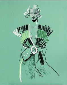 a drawing of a woman holding a fan on a green background with words written below it