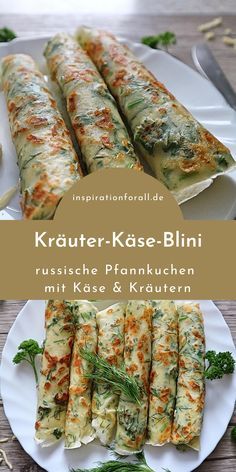 several different types of food on plates with the words kaater - kase - blinin