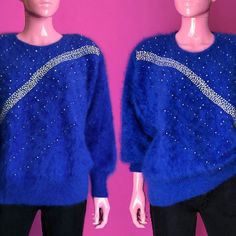 This dreamy early 90s pullover in electric royal blue is crafted with super soft and fuzzy angora, and will keep you warm and cozy all winter long. Teen Outerwear, 1980's Fashion, 90s Sweater, Big Shoulders, 1990's Fashion, Blue Soft, Winter Outfits For Work, Retro Vintage Style, Pullover Sweater Women