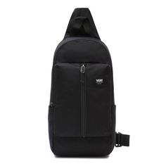 a black backpack with zippers on the front and side pockets, sitting against a white background