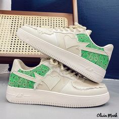 Olivia Mark - Stylish and Comfortable Casual Sneakers for Sports and Leisure with Rice Cashew Floral Pattern Floral Sneakers, Wear Green, Print Sneakers, Comfortable Flats, Genuine Leather Belt, Flat Sneakers, Sports Activities, Designer Boots, Casual Shoes Women