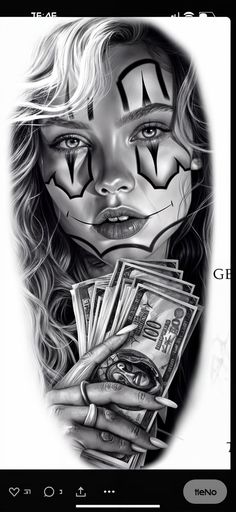 a girl with makeup and face paint holding money in one hand, looking at the camera