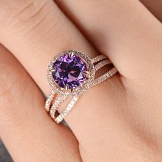 Amethyst Engagement Ring Set Rose Gold Bridal Sets Halo Half Eternity Infinity Pave Diamond Ring Birthstone Wedding Band Promise Gift Women ITEM INFORMATION: Metal Type- Solid 14K Rose Gold Ring Size Available- US3# -10# *Engagement Ring Details： WIDTH-( approx. 1.3mm) 1.Center Stone- Amethyst Weight- 2.7ct Size - 8mm Shaped - Round cut Color - Purple 2.Side Stones - Diamond Weight - 0.24 Clarity - VS- SI Color - G- H *Wedding Band Details: WIDTH-( approx. 2.6mm) Stone - Diamond Weight - 0.25ct Elegant Amethyst Wedding Ring With Center Stone, Elegant Amethyst Rings For Wedding, Elegant Purple Wedding Ring, Dazzling Cubic Zirconia Amethyst Wedding Ring, Elegant Lavender Rings For Wedding, Elegant Lavender Wedding Rings, Dazzling Amethyst Diamond Ring For Wedding, Lavender Cubic Zirconia Wedding Rings, Amethyst Diamond Ring With Round Cut For Wedding