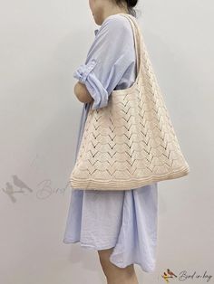 Bird in Bag - Solid Color Knit Tote with Stylish Hollow Out Design Casual Crochet Knit Bag For Daily Use, Casual Knit Bags For Summer, Casual Crochet Knit Bag, Casual Beige Knitting Pattern, Casual Beige Knit Knitting Pattern, Trendy Spring Crochet Bag, Casual Knit Beach Bag, Casual Knit Knitting Pattern, Cream Crochet Bag For Spring