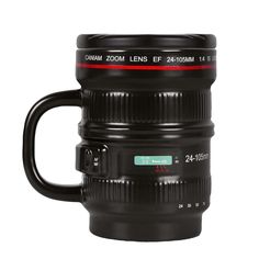 a camera lens coffee mug is shown on a white background