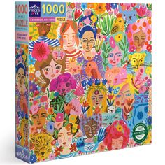 the puzzle box is filled with many colorful faces and flowers, including one woman's face