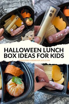 halloween lunch box ideas for kids with oranges, crackers and cheese in them