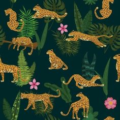 leopards and tropical plants on a dark green background