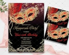 an elegant masquerade party card with red and gold mask on it, surrounded by pink flowers