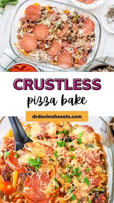 pizza casserole with cheese, pepperoni and other toppings in glass dishes