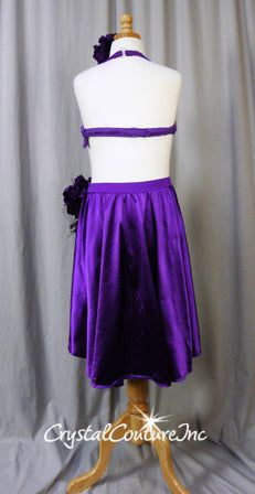 Purple custom-made 2 piece halter bra-top and briefs with shiny lycra satin back skirt. Costume is accented with Purple floral/Silver corded appliques, a large flower/feathers and rhinestones! *Accessories include: flower hair piece. Almost one gross of Crystal AB 20ss, Crystal 20ss, Lt Amethyst 20ss and Jonquil 30ss glass rhinestones!! Skirt With Flowers, Trio Costumes, Flower Hair Piece, Sequin Jewelry, Skirt Costume, Halter Bra Top, Costumes Couture, Flower Hair Pieces, Back Skirt