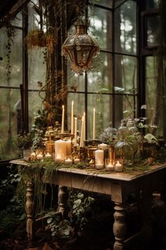 a table topped with lots of candles next to a window filled with plants and greenery