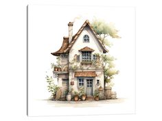 a watercolor painting of a house with potted plants on the front and side