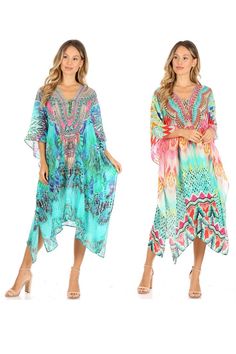 This caftan dress cover up features a beautiful handmade cut. It has a beautiful multi toned tribal pattern print with a v-neck and rhinestone embellishments around the neckline. The dress is long and tall, and has adjustable drawstrings at the neckline that can be left undone or tied as desired. The dress is very lightweight and airy. Vibrant Print V-neck Kaftan For Beachwear, Green Printed V-neck Kaftan, Green V-neck Printed Kaftan, Green V-neck Kaftan With Vibrant Print, Multicolor Flowy V-neck Kaftan, Vibrant Print V-neck Tunic, Green V-neck Tunic For Beach, Multicolor Summer Dress With Split Neck, Multicolor Split Neck Summer Dress