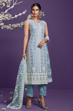 Light Steel Blue Designer Embroidered Party Wear Lucknowi Pant Suit-Saira's Boutique Sleeveless Salwar, Celana Fashion, Light Blue Pants, Gaun Fashion, Net Dress, Salwar Kamiz, Silk Bottoms, Designer Salwar Suits, Salwar Kameez Designs