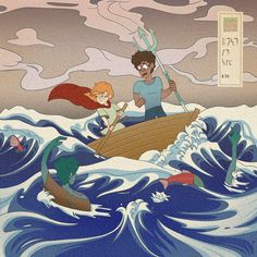 an image of a man and woman in a boat on the water with waves behind them