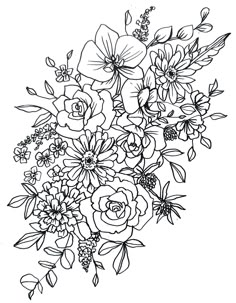 a bouquet of flowers is shown in black and white