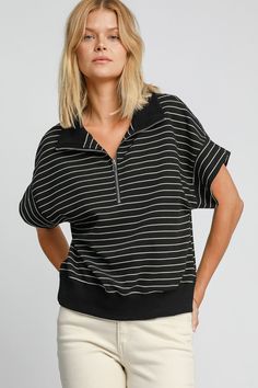 Striped Half Zip Short Sleeve Sweatshirt is a stylish and comfortable short sleeve sweatshirt. It has a simple design with a striped pattern for a fresh feel. The short sleeve design is suitable for spring and summer wear, and the half zipper style is easy to slip on and off. This sweatshirt is perfect for sports and leisure occasions, so you can stay stylish and comfortable. Features: Basic style Sheer: Opaque Stretch: Slightly stretchy Material composition: 58% cotton, 30% polyester, 10% rayon Short Sleeve Sweatshirt, Short Sleeve Design, Turquoise Leather, Half Zip Sweatshirt, Sweatshirt Short Sleeve, Knit Sweatshirt, Effortless Chic, Basic Style, Striped Knit