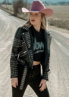 Edgy Leather Jacket With Spikes, Winter Biker Jacket With Spikes And Long Sleeves, Long Sleeve Leather Jacket With Spikes For Streetwear, Edgy Long Sleeve Leather Jacket With Spikes, Biker Jacket With Spikes, Biker Jacket With Spikes And Long Sleeves, Spiked Winter Streetwear Outerwear, Spiked Winter Outerwear For Streetwear, Long Sleeve Biker Jacket With Spikes