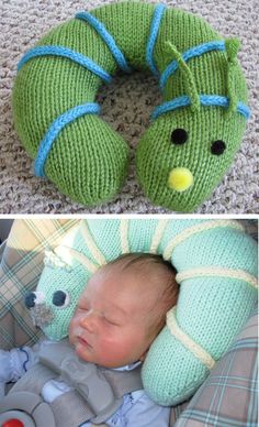 a baby in a green knitted caterpillar pillow with the caption free knitting pattern