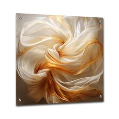 an abstract painting with white and yellow colors on a metal plaque or wall mounted art piece