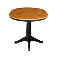 a round wooden table with black legs and an oval shaped top, viewed from the front