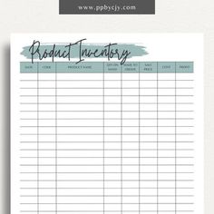 a printable product inventory sheet with the words product inventory written in black on it