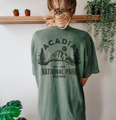 Comfort Colors Acadia National Park Tshirt, Maine Vacation Shirts, National Parks Apparel, Nature Themed Gifts for Women, Hiking Camping For an oversized fit, consider ordering 1-2 sizes larger than you normal size. Please see our size chart in photos for sizing. ::GARMENT INFO:: .:Comfort Colors Brand Tee  .:Super soft 100% Cotton .:Preshrunk, soft-washed, garment-dyed fabric .:T-shirt won't stretch out overtime; wear your tee for years to come! .:Created with materials within the U.S.A. ::DESI Granola Graphic Tees, Camping T Shirt Design, National Parks Shirt, Green Crew Neck Top For Outdoor, Casual Green Tops For Outdoor Activities, Cotton Tops With Front Print For Outdoor Activities, Outdoor T Shirt Design, Relaxed Fit Screen Print Tops For Outdoor Activities, Relaxed Fit Text Print Top For Outdoor Activities