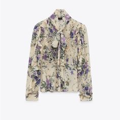 New With Tags Size M 8273 328 069 Can Be Worn With A Tie In The Front Or Leave Without Tie. Floral. Print Blouse, Blue Cream, Zara Tops, Printed Blouse, Floral Tie, Zara, Womens Tops, Cream, Tags