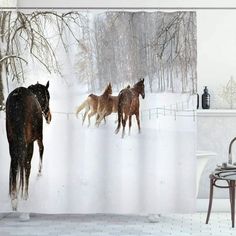 three horses running in the snow shower curtain