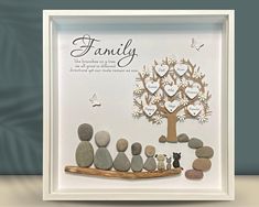 a family is surrounded by rocks and butterflies in a shadow box with the words family written on it