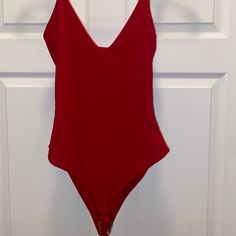 Red, Size 8, Pretty Little Thing Plunge Body Suit, Nwt Red Fitted V-neck Bodysuit, Fitted Red V-neck Bodysuit, Red V-neck Bodysuit For Spring, Spring Red V-neck Bodysuit, Chic Red Bodysuit For Summer, Chic Red Sleeveless Swimwear, Red Lined Backless Bodysuit, Red V-neck Swimwear For Spring, Red Backless Lined Bodysuit