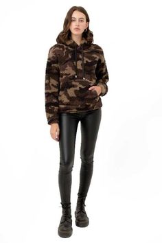 "Camo Sherpa Fleece Pullover Hoodie with adjustable drawstrings Lightweight ultra soft.  So comfortable! So warm! So soft! Kangaroo pocket. Waist length Bodice Model is wearing a size small:  Height 5' 9\", Bust 32\", Waist 23.5\", Hips 43.5\" Fit: Relaxed fit. Care: Hand wash cold, Do not bleach, Do not Tumble Dry. No Iron. Material: 100% Polyester" Fall Sweatshirt With Kangaroo Pocket And Stretch, Fall Stretch Sweatshirt With Kangaroo Pocket, Stretch Sweatshirt With Kangaroo Pocket For Fall, Camouflage Fleece Hoodie With Drawstring Hood, Fall Hoodie With Pockets And Stretch, Stretch Hoodie With Pockets For Fall, Comfy Drawstring Sweatshirt For Winter, Brown Winter Hoodie For Loungewear, Winter Brown Hoodie For Loungewear