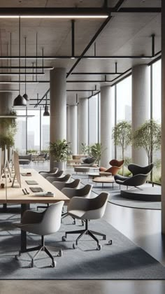 an empty conference room with chairs, tables and potted plants in the center area