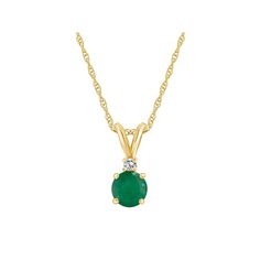 You'll love the impressive design of this beautiful emerald and diamond accent pendant necklace.Click on this JEWELRY & WATCHES GUIDE to learn about fit, styles, materials and more! Pendant size: 1/2"L x 1/4"W Chain length: 18 in. Chain type: rope Clasp: spring-ring Metal: 14k gold Finish: polished Packaging: boxedSTONE DETAILS Stone type: emerald Total weight: 1/2 ct. Center stone size: 5 mm Shape: round Setting: prongDIAMOND DETAILS Total weight: less than 1/10 ct. Shape: round brilliant Setti Classic Emerald Pendant Necklace With Diamond Accents, Classic Green Emerald Necklace With Diamond Accents, Classic Green Diamond Pendant Necklace, Green Pendant Diamond Necklace In Classic Style, Classic Green Pendant Diamond Necklace, Anniversary Green Diamond Necklace For May Birthstone, Classic Emerald Necklace With Diamond Accents, Anniversary Emerald Necklace With Diamond Accents, Round Emerald Necklace With Diamond Accents For Anniversary