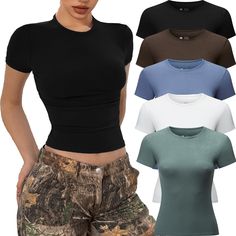 PRICES MAY VARY. High-quality: Crafted from a luxuriously soft and skin-friendly fabric, our basic tops for woman offer a second-skin feel. 5 piece Y2k shirts are made of 90% polyester and 10% spandex. High quality elastic fabric,light weight, super soft and skin-friendly, make you more comfortable to wear. Timeless Crop Tops Design: Discover the charm of our short sleeve t shirts - Going Out Crop Tops for women, Sexy shirts, slim fit crop tops, short sleeve, crew neck, solid color, plain unders Fitted T Shirt Women, Clothes For Women Y2k, Plain Tops For Women, Tight Tops For Women, Amazon Shirts Women, Cute Fitted Tops, Basic Tees Women, Tight Shirts For Women, Cute Shirts For School