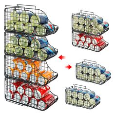 three tiered rack with cans and cans on it, each containing different types of sodas